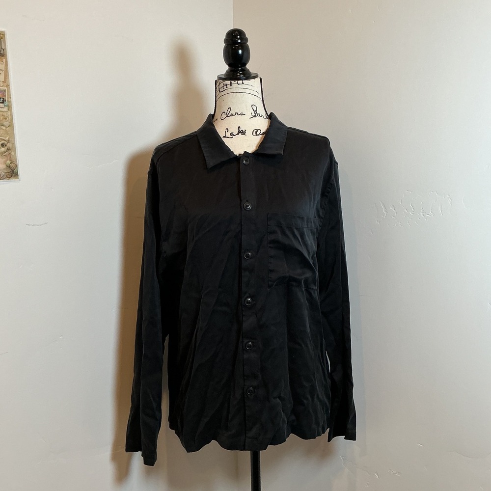 Quince Silk Button Down Shirt Black Long Sleeve Pocket Relaxed Fit Large L